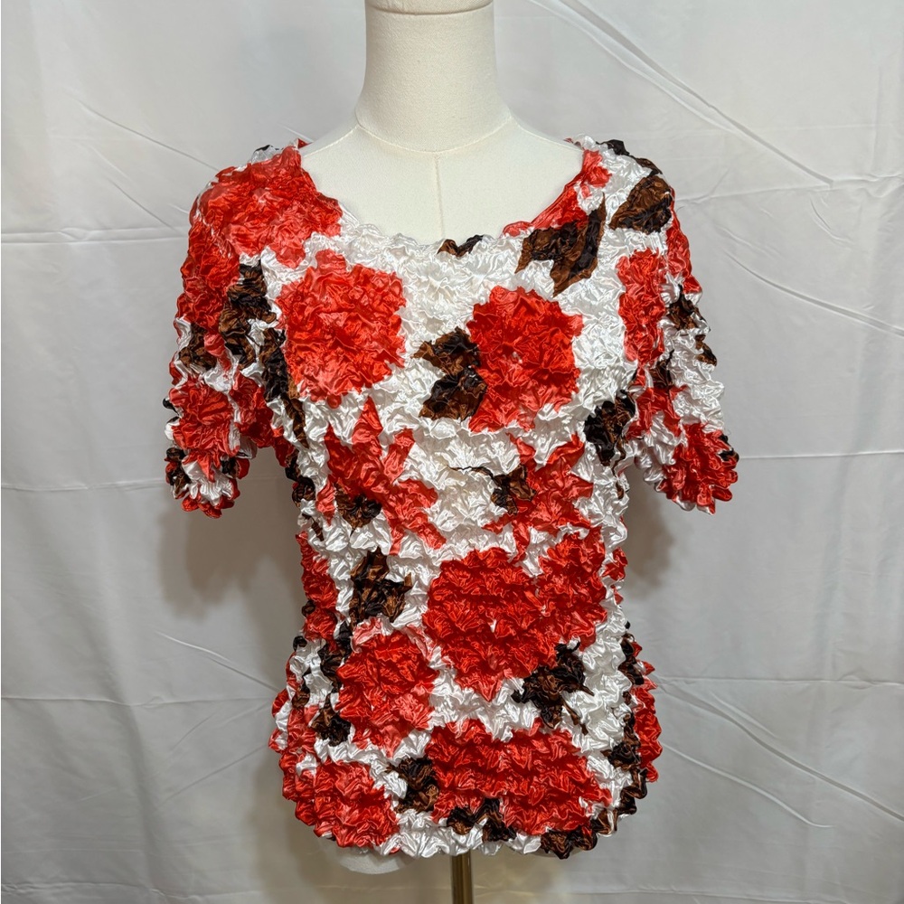Y2K Popcorn Crinkle Top B.C.‎ Red Floral Stretch Textured Blouse Size M